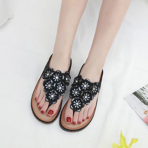 

bohemian woman флип-флоп цветочный flats женский пляж женские тапочки женщины стразы обувь женская летняя слайды плюс размер, Black