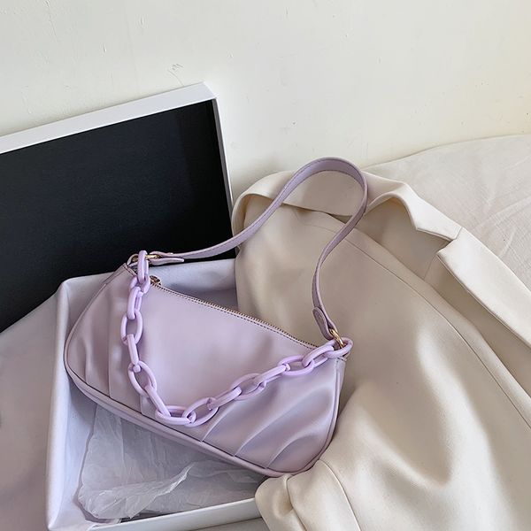 

мода цепь фиолетовой багет сумка mini кожа pu сумка на ремень для женщин 2020 chain design luxury hand bag женского путешествия