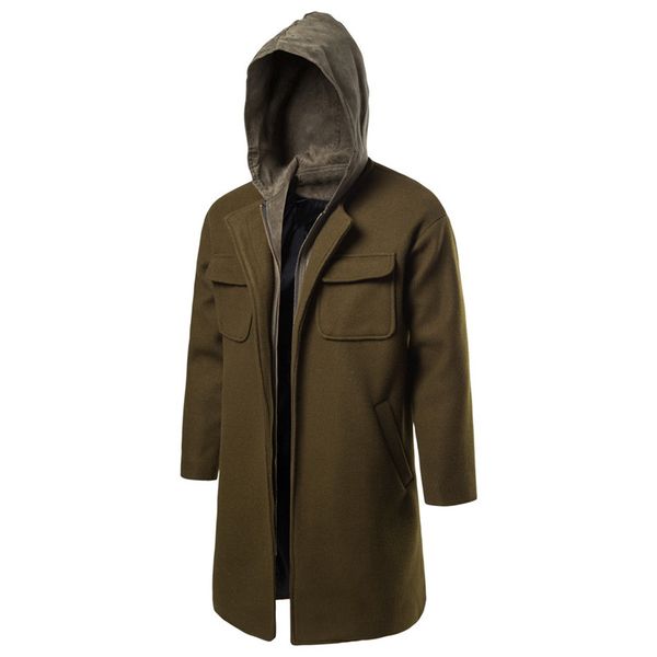 

winter mens designer jacket fashion army green fake two piece hooded blends casual mens winter coats, Black