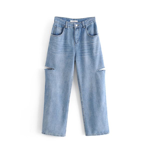 

ins 2019 spring and summer new korean style washed light blue cut side hole high waist slim loose wide leg denim pants sale