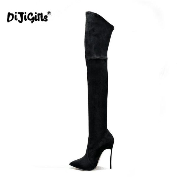 

dijigrils autumn winter women boots stretch slim thigh high boots fashion over the knee high heels shoes woman, Black