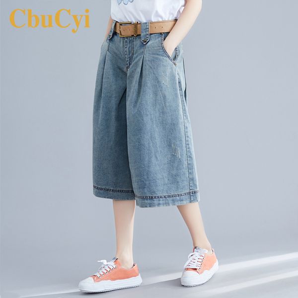 

women's jeans summer women high waisted short plus size boyfriend for vintage denim wide leg pant knee length trousers, Blue