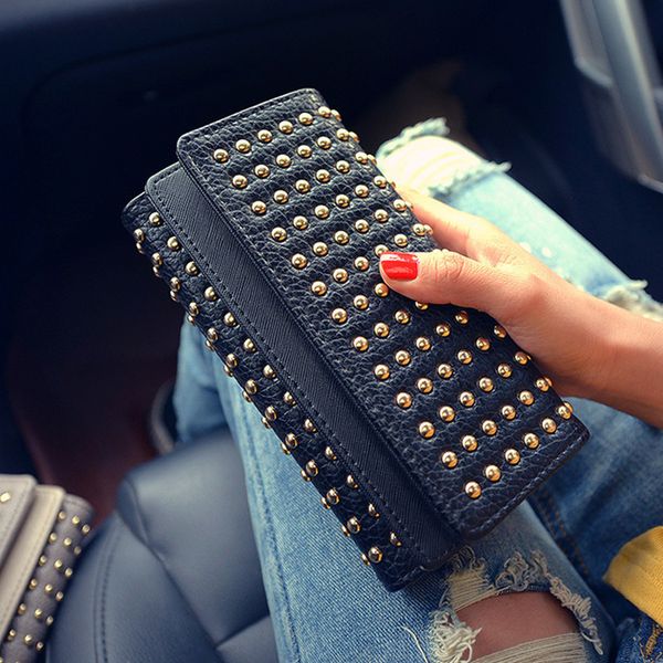 

2019 summer new rivets fashion twists and turns wallet big wild pu leather coin long wallet y026, Red;black