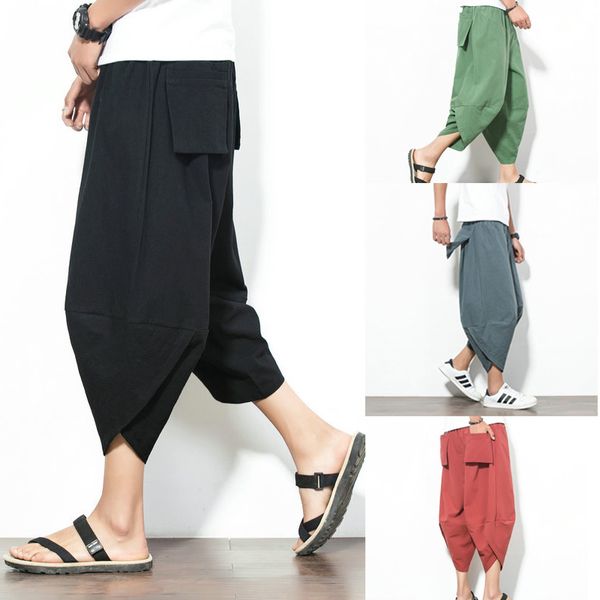 

m-4xl summer simple style pants men plus size trousers breathable mens loose solid color males casual harem-pants all match 2020, Black