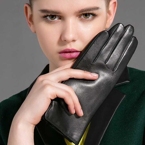 

nh winter genuine leather gloves for women fashion brand black real goatskin finger gloves warm soft mittens new, Blue;gray