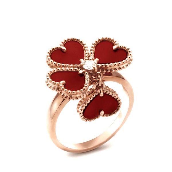 

fashion-love lucky grass ring female s925 sterling silver plating 18k rose gold red agate four-heart ring, Golden;silver