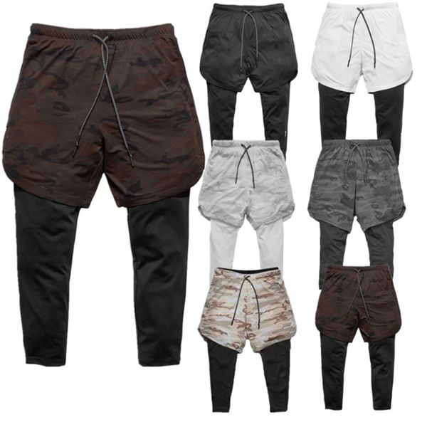 

joggers sweatpants new men 2 in 1 skinny pants leggings double layer sportswear male gym fitness running quick dry track pants, Black