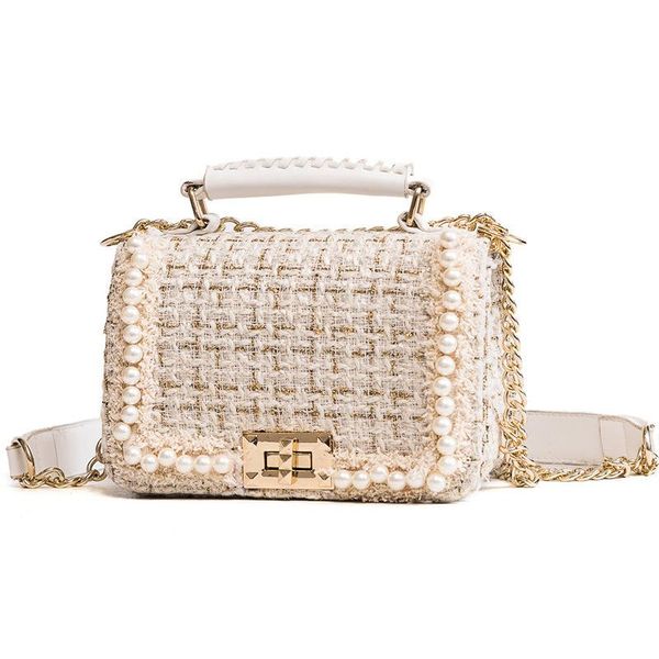 

fashion pearls woolen women shoulder bags handbags chains ladies crossbody bag small flap winter purses 2020 sac