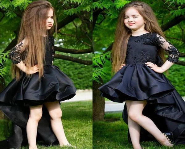 Venda quente preto Hi-lo vestido da menina flor Jewel Neck mangas compridas Appliqued Lace Elegant Ruched Satin Pageant vestido de aniversário Vestido Custom Made