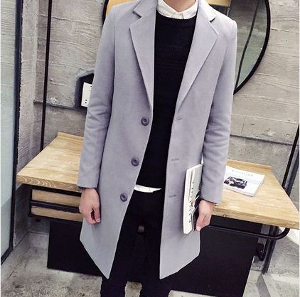 

2020 new long mens trench coat wool turn-down collar winter casual solid woolen overcoat men gothic trench coat men t194, Black