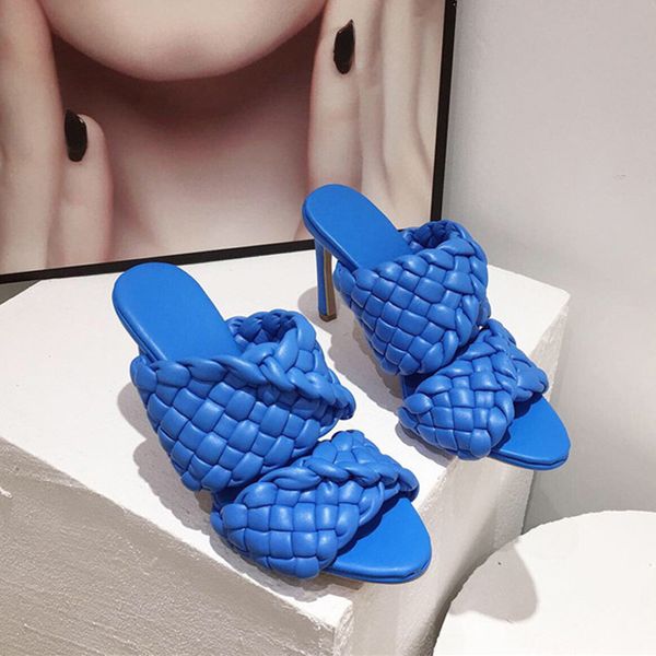 

slippers runway designer women high heel sandals leather braided mules ladies summer shoes woman slides plus size 41, Black