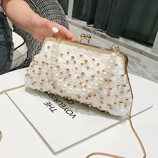 

elegant flower rivets clip bags for women pearls handle women handbags chain women's shoulder messenger bags shell females totes