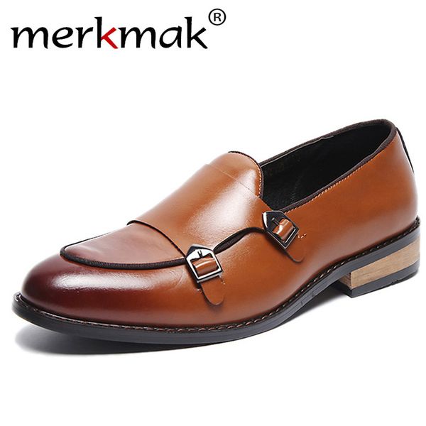 

merkmak new men loafers slip-on buckle business formal footwear soft big size 37-48 male wedding party leather shoes man flat, Black
