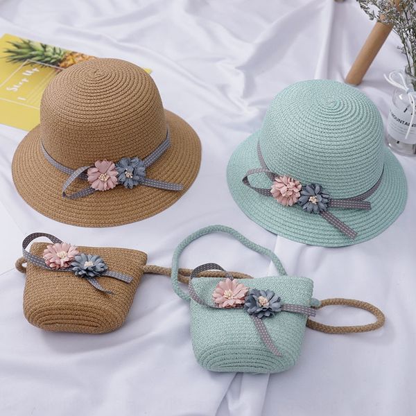 

new children's sun straw straw bag sunscreen woven bag two-piece outdoor sun hat women's beach travel sunscreen hat, Blue;gray