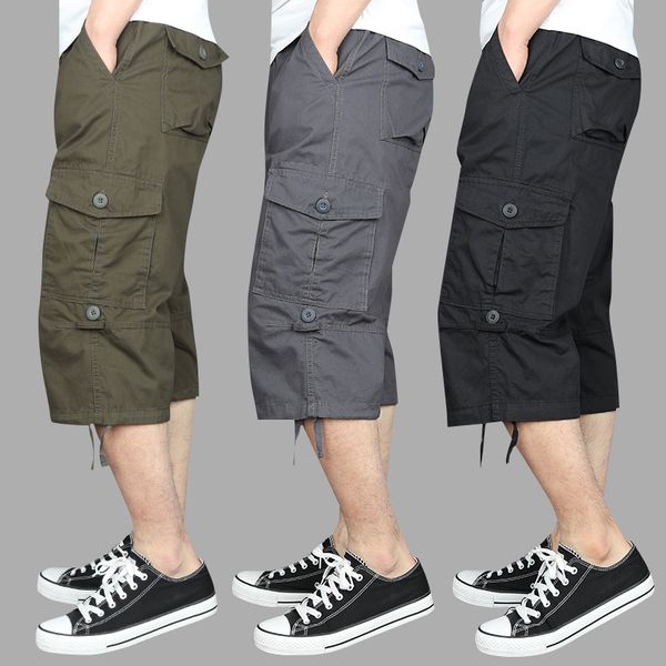 

4xl summer men's baggy multi-pockets zipper cargo shorts male army green men fitnesstactical cotton shorts sweatpants, White;black