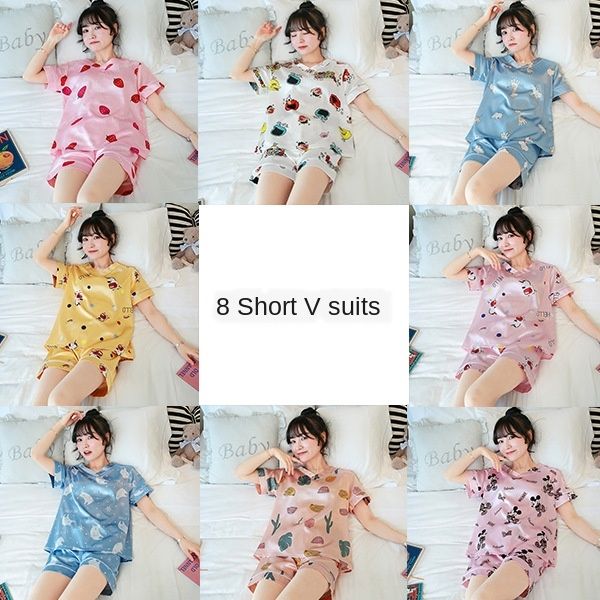

live pajamas girl summer korean style ice silk short-sleeved and home shorts shorts cartoon cute loose home suit, Black;brown