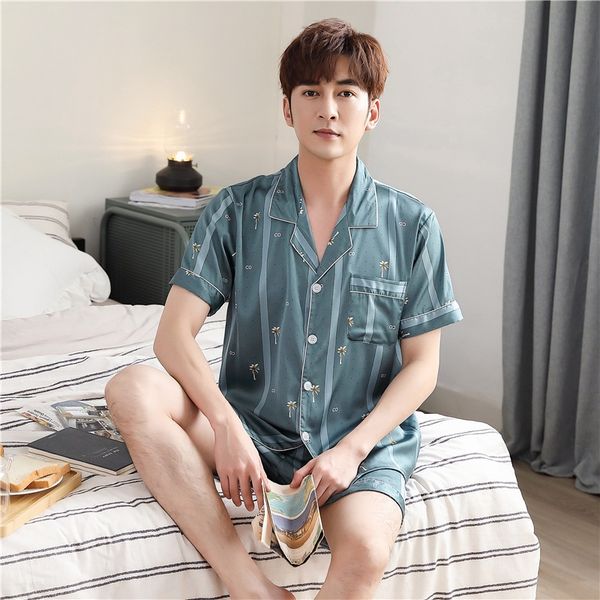 

7zm4r new home clothes simulation shorts men's imitation silk short-sleeved shorts pajamas suit silky thin ice silk comfortable home cl, Blue;red