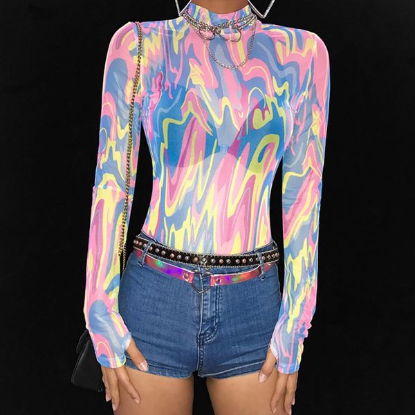 

fashion colorful transparent mesh bodysuits rompers casual long sleeve jumpsuits for women turtleneck body overalls1, Black;white