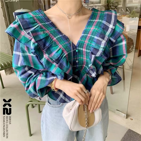 

korean plaid blouse women elegant v neck long flare sleeve ruffle blouse woman casual summer thin shirt blusa high street, White