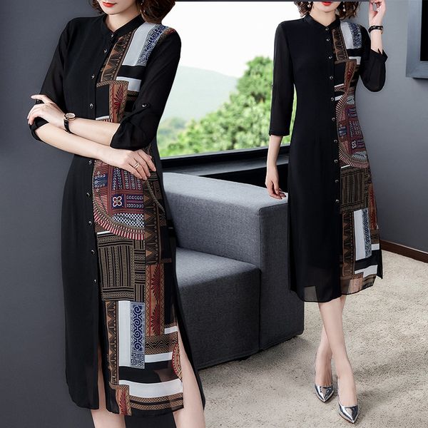 

middle-aged moms 2020 summer new mid-length elegant waist close-fitting printing stitching chiffon cardigan dress dress, Black;gray