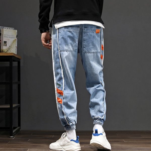 

guochao br spring and summer new korean harajuku and jeans loose jeans elastic waist leggings for men, Blue