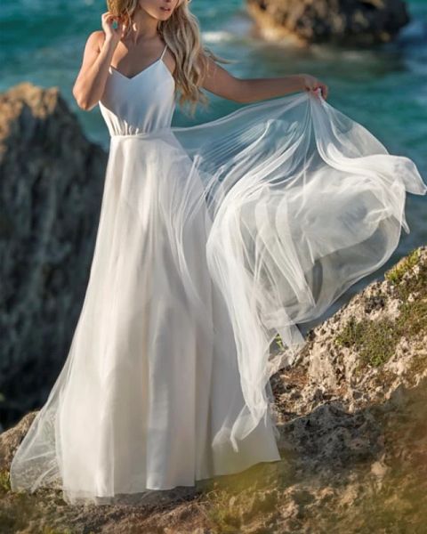 

a-line wedding dresses v neck spaghetti strap floor length chiffon tulle sleeveless beach wedding dress in color with pleats, White