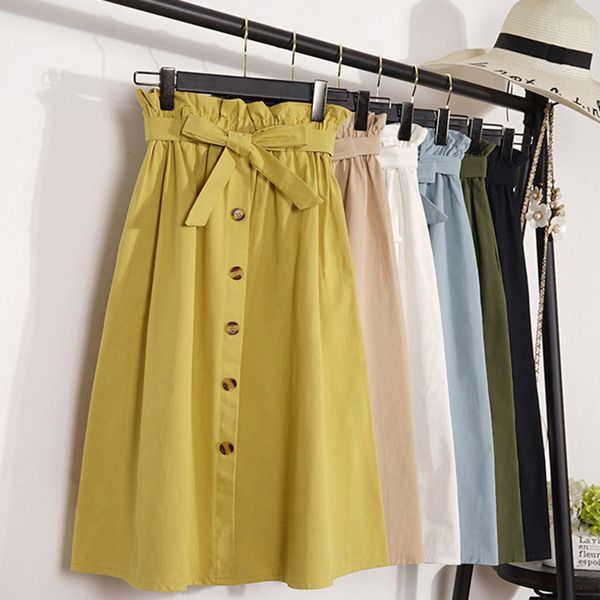 

summer autumn skirts womens midi knee length korean elegant button high waist skirt female pleated skirt, Black