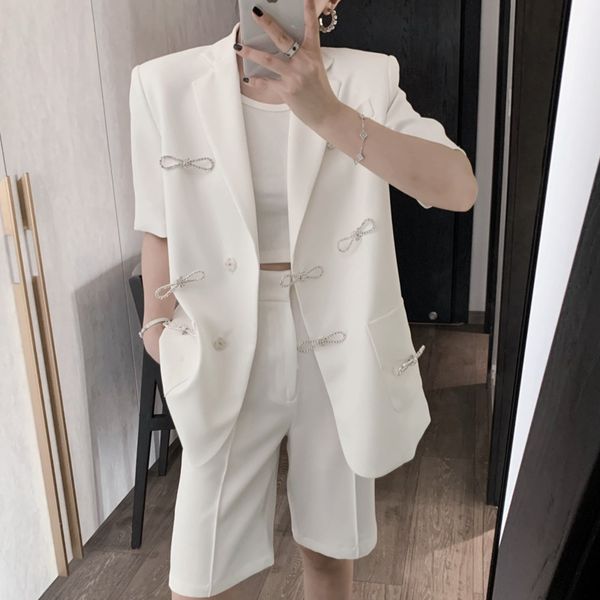 

women's suits & blazers [ewq] 2021 summer rhinestone bowknot short sleeve women blzer french style simple ladies coats sweet wh, White;black