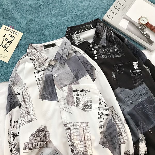 

men's casual shirts spaper print men autumn long sleeve fashion shirt for oversized comfortable camisas plus size 2xl, White;black