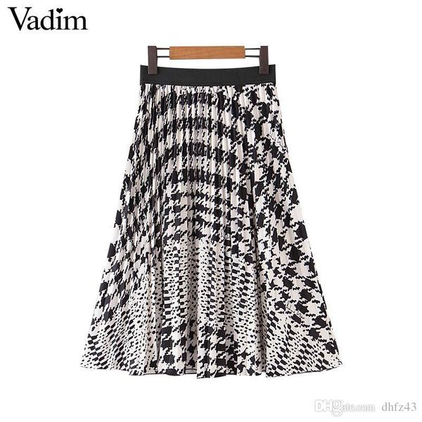 

hj women vintage houndstooth midi skirt elastic waist pleated skirts elegant female casual wear knee length skirts, Black