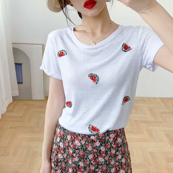 

women t-shirt 2020 spring/summer new fashionable casual sequins comfortable and breathable round neck short sleeve thin t-shirt, White