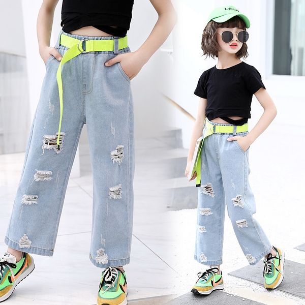 

ahabc girlsjeans весной и летом 9 детской одежда 2020 весна новых 7 средних джинсы pantswide брюки нога pantsschool детских летний рваные, Blue
