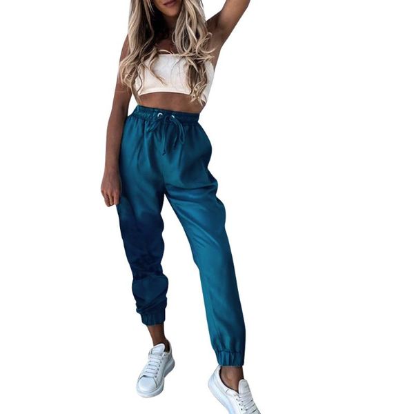 

2020 autumn women' fashion casual lace up solid color elastic casual sports trousers comfortable high waist women running pants, Black;white