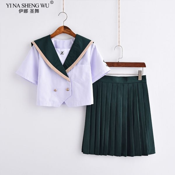 

japanese school uniforms collage student green navy sailor party cosplay costume short sleeve jk suit school girls pleated skirt, White
