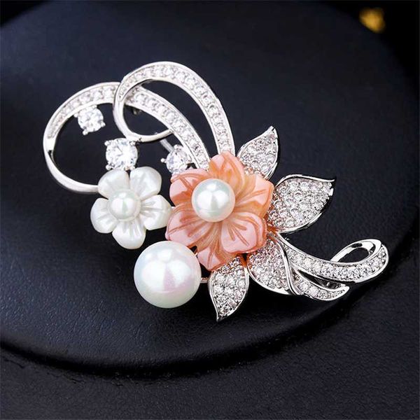 

2020 new luxury cubic zirconia pearl brooches for women fashion pink white shell brooch pin clothes accessories jewelry broche, Gray