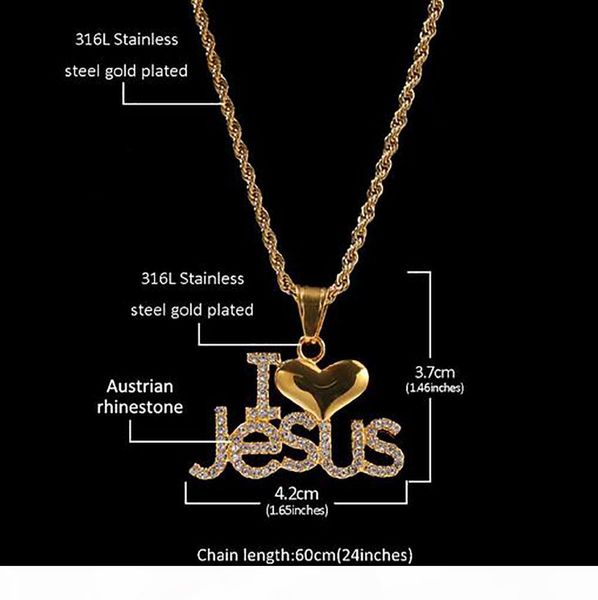 

r 14k iced out diamond ilovejesus pendant necklace bling micro pave cubic zirconia simulated diamonds 24inch rope chain, Silver