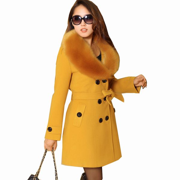 

womens faux fur collar solid trench coats lady slim double breasted woolen jackets coat new autumn winter female outwear 5xl, Black