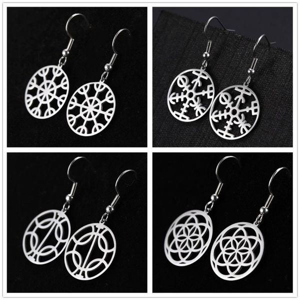

skyrim viking compass flower of life amulet drop earrings stainless steel talisman dangle earring jewelry gift for women girls, Silver
