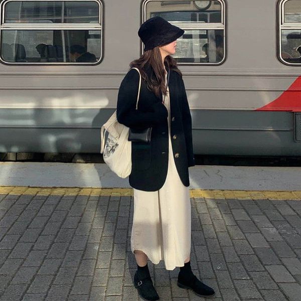 

2020 new korean temperament casual wild lapel small suit short paragraph double-sided cashmere women's coat single-breasted, Black