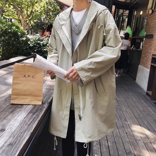 

2020 autumn new long jacket trench coats men's fashion solid color casual hooded windbreaker pocket trench jackets, Tan;black