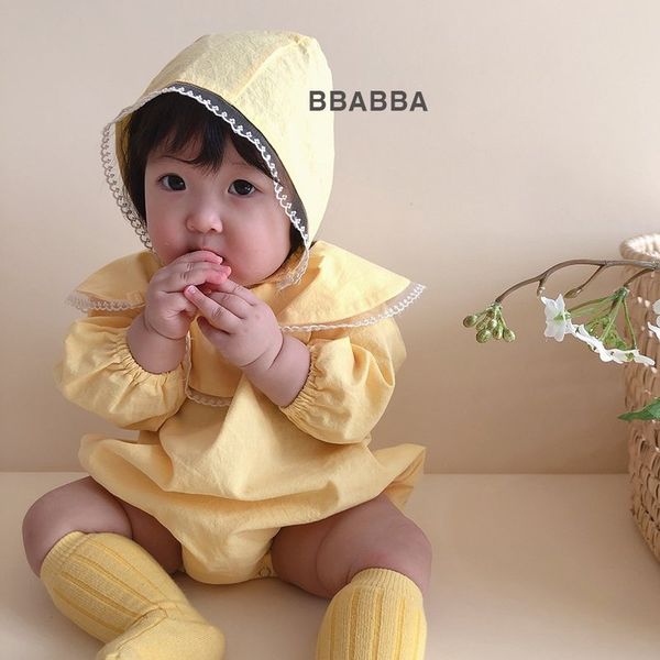 

2020 baby autumn romper boys and girls lapel long sleeve jumpsuit + hat, Blue