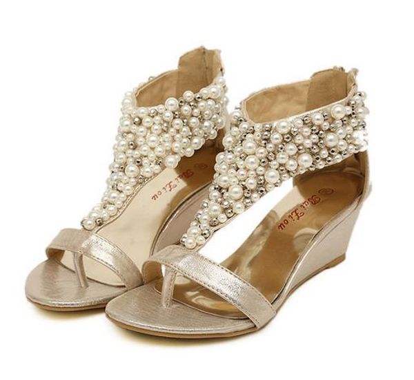 

silver gold wedding bride shoes bohemian shiny beaded sandals shoes women low-heeled wedge sandals, Black