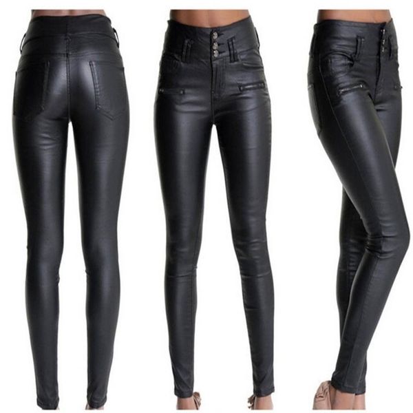 

fashion women leggings plus size casual pocket stretchy faux leather trousers skinny high waist leggings black pencil pants l42