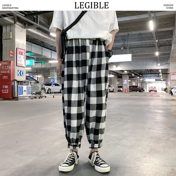 

legible men summer breathable 2020 plaid pants men loose ankle-length joggers male casual streetwear korean clothing pants, Black