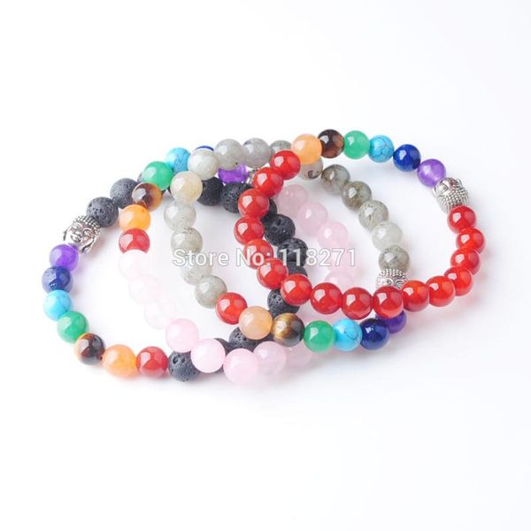 

wojiaer 7 chakra reiki women buddha bracelets healing balance natural round stone beads meditation rainbow pbk325, Black