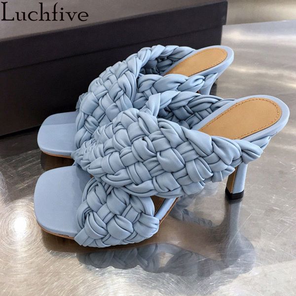 

2020 braid slippers high heels slides party shoes runway open toe shoes woman blue apricot zapatos mujer, Black