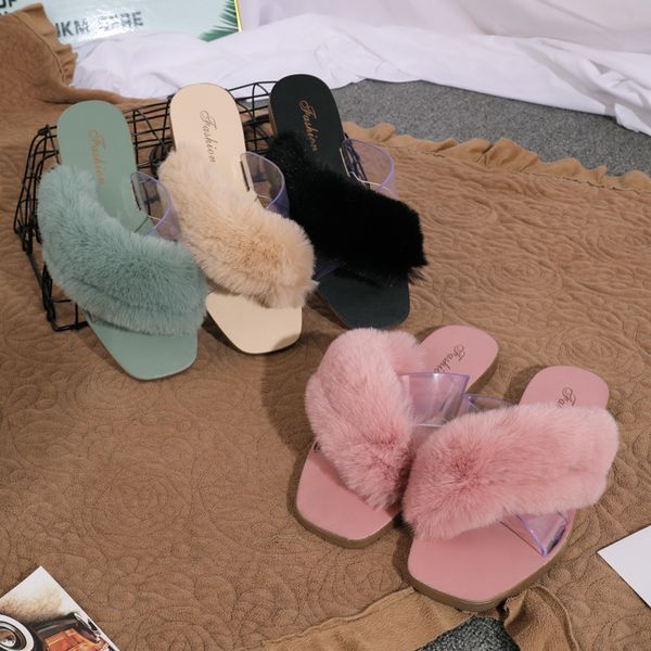 

new spring and autumn women's fluffy slippers cross with flat flip-flops for warmth and ladies' indoor slippers, Black