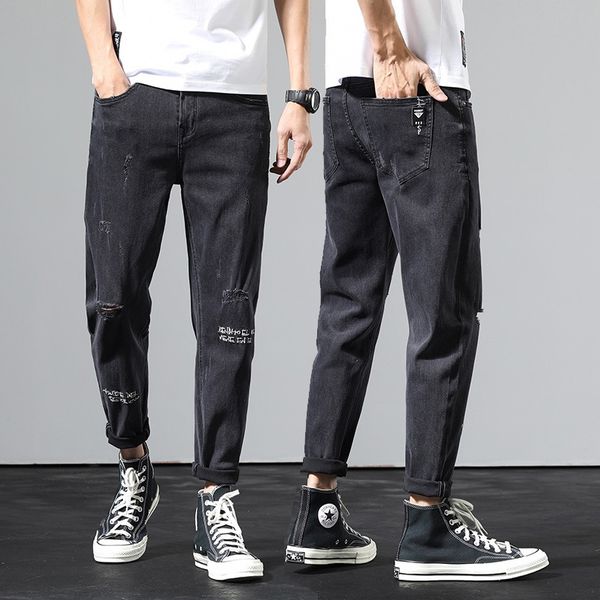 

2020 свет улицы мода мужских тощих пят случайных брюки джинсы и джинсы корейские стильный разорвали случайные штаны, Blue