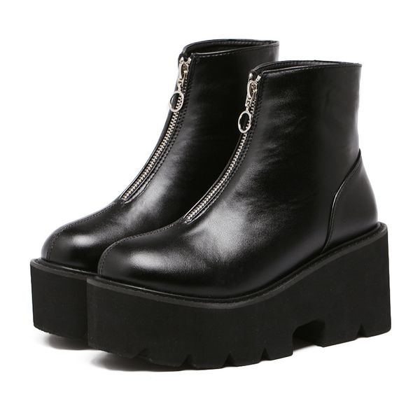 

2020 new spring zip open boots women high thick platform boots high heels women shoes pu leather ankle for, Black