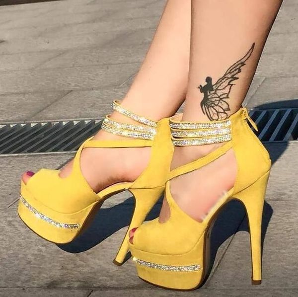 

yellow flock thigh high heels cross strap sandals lady peep toe thick platform casual party shoes woman luxury crystal shoes, Black